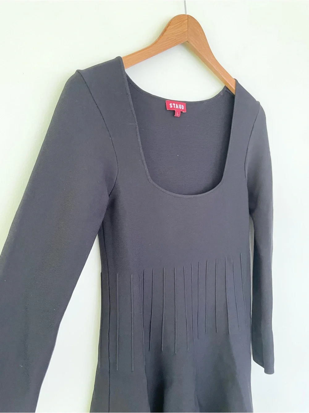 STAUD Deora Ribbed-Knit Mini Dress in Black L Large Long Sleeve Fit & Flare $325 - Picture 6 of 11